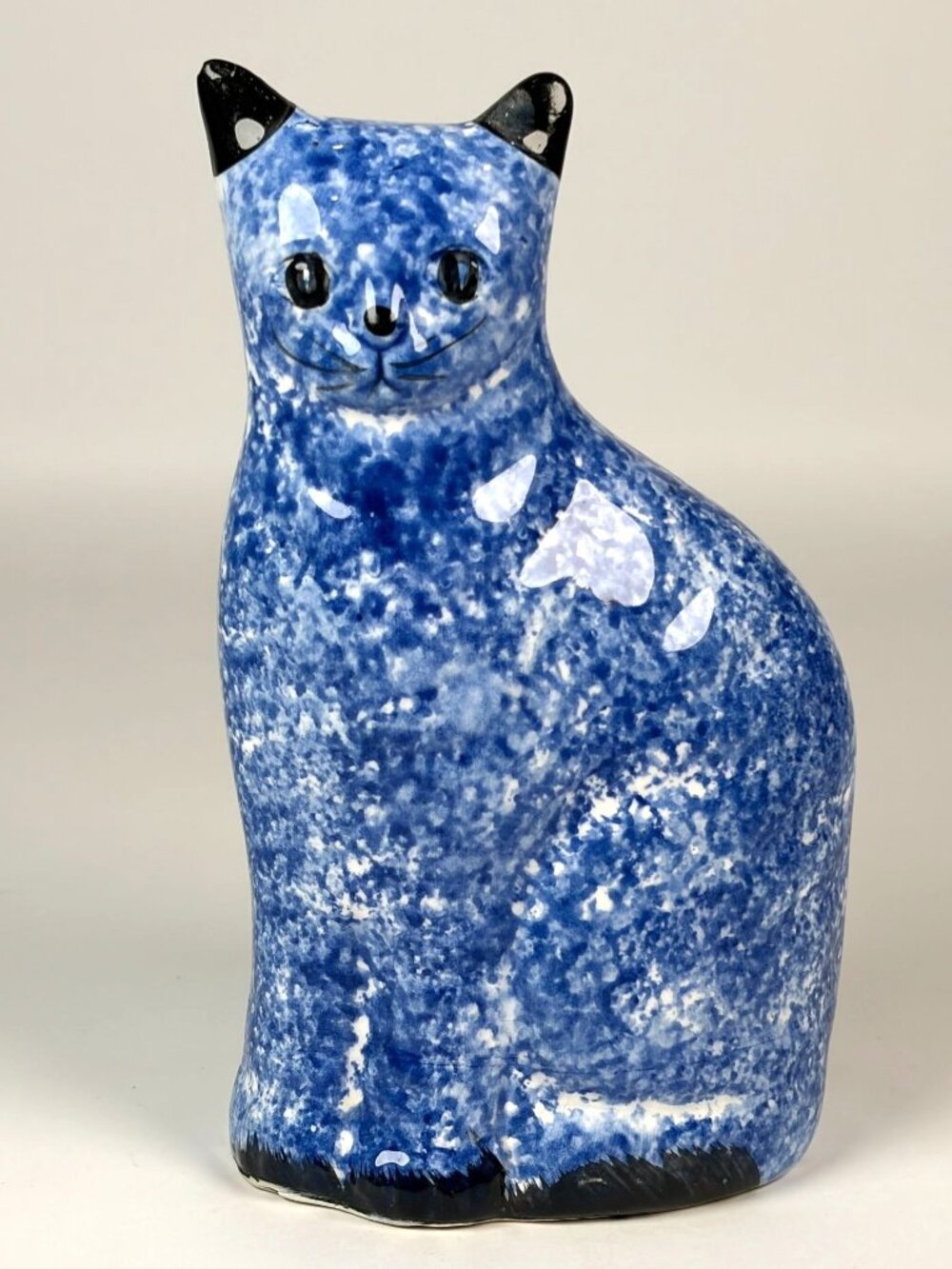 Vintage Blue Speckled Ceramic Cat Shaped Coin Bank w Stopper Hand Painted